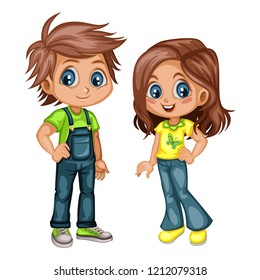 Cute Cartoon Boy and Girl in Beautiful Clothes. Happy Little Kids Vector Illustration Isolated on White Background