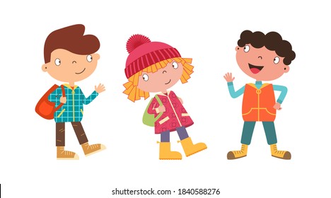 Cute cartoon boy and girl characters. Happy kids in autumn clothes standing, walking and waving. School children in fall. Flat line art style. Happy childhood concept. Vector illustration.
