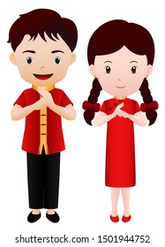 
Cute cartoon boy and girl in Chinese costume isolated on white background