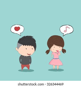 Cute cartoon boy and girl couple in love and secretly like, cute Valentine's Day card, drawing by hand vector and digital illustration created without reference image.
