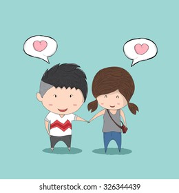 Cute cartoon boy and girl hand in hand in love and secretly like, cute Valentine's Day card, drawing by hand vector and digital illustration created without reference image.