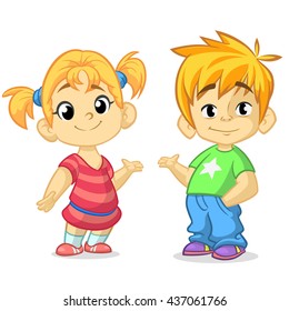 Cute cartoon boy and girl with hands up vector illustration. Boy and girl  greeting design. Kids summer dress. Children vector. Casual style dressed children. Blond brother and sister presenting.