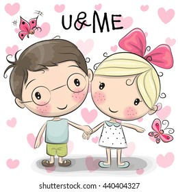 Cute Cartoon Boy And Girl Are Holding Hands On A Heart Background