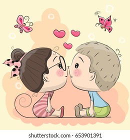 Cute Cartoon boy and girl are kissing on a yellow background