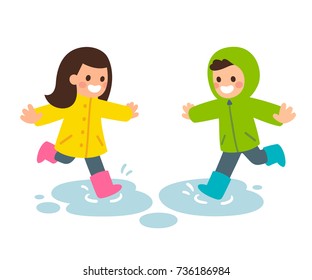 Cute cartoon boy and girl in raincoat and rubber boots jumping in puddles. Happy children playing in the rain. Flat style vector illustration.