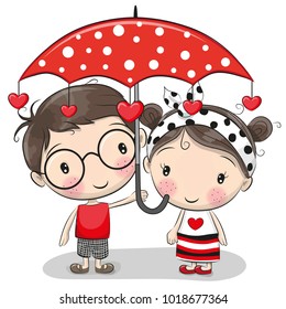 Cute Cartoon Boy and girl with red umbrella