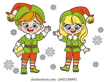 Cute cartoon boy and girl in Santa elves suit surrounded by snowflakes color variation for coloring page on white background