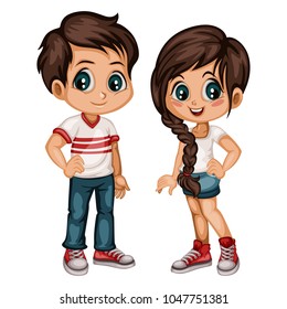 Cute Cartoon Boy and Girl in Sport Clothes. Happy Little Kids Vector Illustration
