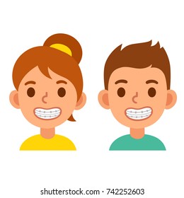 Cute Cartoon Boy And Girl With Teeth Braces. Smiling Kids With Dental Treatment, Vector Illustration.