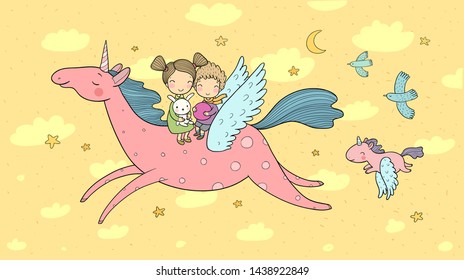 Cute cartoon boy and girl and unicorn. Kids fly on pegasus