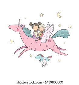 Cute cartoon boy and girl and unicorn. Kids fly on pegasus