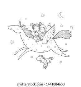 Cute cartoon boy and girl and unicorn. Kids fly on pegasus