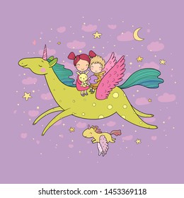 Cute cartoon boy and girl and unicorn. Kids fly on pegasus