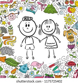 Cute cartoon boy and girl. Vector illustration