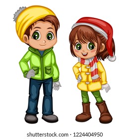 Cute Cartoon Boy And Girl In Winter Clothes Coat, Boots, Hat And Scarf. Little Kids In Christmas Outfit Isolated On White Background