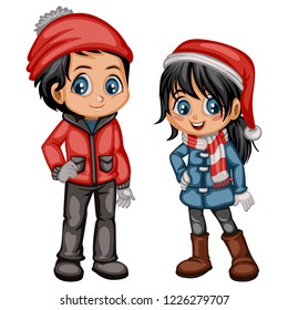 Cute Cartoon Boy and Girl In Winter Clothes Coat, Boots, Hat and Scarf. Little Kids in Christmas Outfit Isolated on White Background
