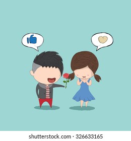 Cute cartoon boy give rose girl, cute Valentine's Day card, drawing by hand vector and digital illustration created without reference image.