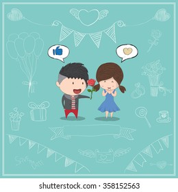 Cute cartoon boy give rose girl card, cute Valentine's Day card, drawing by hand vector and digital illustration created without reference image.