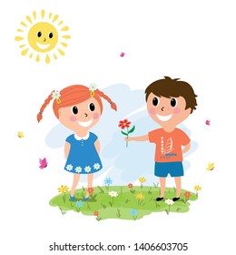 Cute Cartoon boy gives a girl flowers 