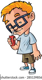 Cute cartoon boy with glasses drinking juice. Isolated on white