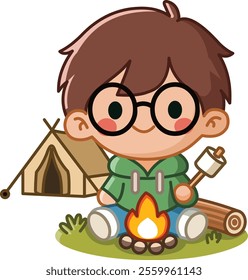 cute cartoon boy with glasses sits by a campfire, holding a marshmallow stick, with a tent and log in the background