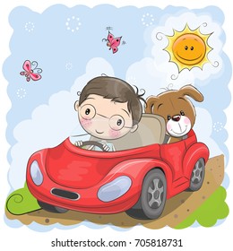 Cute Cartoon Boy goes on a car