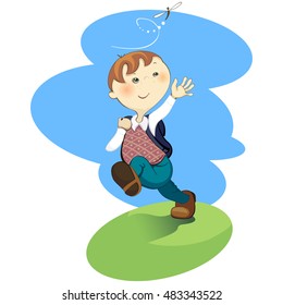 Cute cartoon boy goes to school, isolated vector