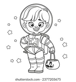 Cute cartoon boy in a Halloween astronaut spacesuit  with pumpkin for sweets outlined for coloring page on white background