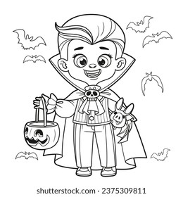 Cute-Cartoon-Junge in einem Vampirkostüm zu Halloween mit Kürbis für Süßigkeiten, die für die Farbseite auf weißem Hintergrund skizziert sind