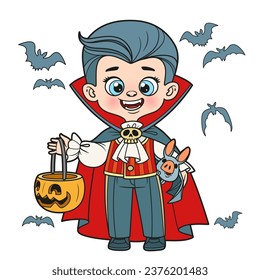 Cute cartoon boy in a Halloween vampire costume with pumpkin for sweets color variation for coloring page on white background