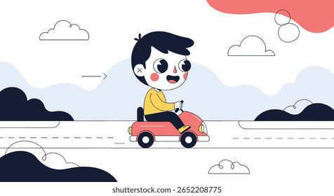 Cute cartoon boy happily drives a small red car on a sunny day with clouds in the background illustrating a fun outdoor adventure for children
