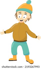 Niño de dibujos animados con gorro y bandas de goma. Ilustración vectorial de los niños para otoño e invierno.