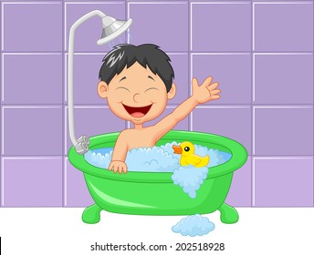 Cute Cartoon Boy Having Bath