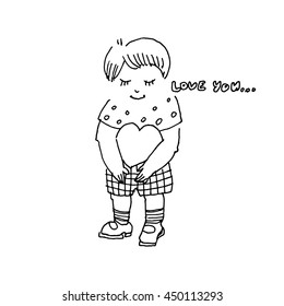 Cute cartoon boy with heart and text. love you