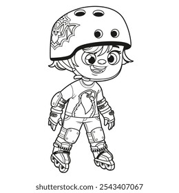 Cute cartoon boy in a helmet with bat sticker and wearing protective gear on roller skates outlined. Image produced without the use of any form of AI software at any stage.