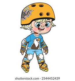 Cute cartoon boy in a helmet with bat sticker and wearing protective gear on roller skates. Image produced without the use of any form of AI software at any stage.