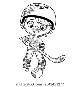 Cute cartoon boy in a helmet plays roller hockey with a stick and ball outlined for coloring page . Image produced without the use of any form of AI software at any stage.