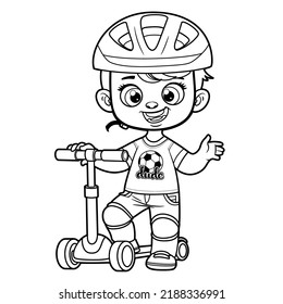 Cute Cartoon Junge in einem Helm und mit einem Roller für die Farbseite auf weißem Hintergrund