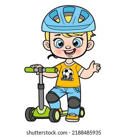 Cute Cartoon Boy In A Helmet And With Scooter Color Variation For Coloring Page On White Background