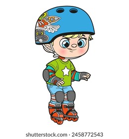 Cute cartoon boy in a helmet and wearing protective gear on roller skates color variation. Image produced without the use of any form of AI software at any stage.