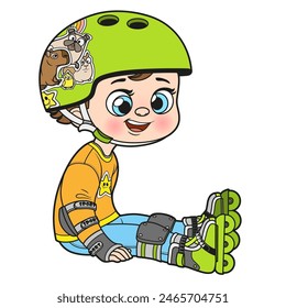 Cute cartoon boy in a helmet and wearing protective gear on roller sit on floor color variation. Image produced without the use of any form of AI software at any stage.