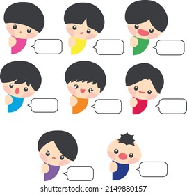 Un niño de caricatura lindo escondido detrás de la pared con una colección de burbujas de voz en blanco. Niño hablando con burbujas de voz vacías. Burbuja de voz en blanco para tu texto. Diálogo de voz aislado. Vector, ilustración, EPS10