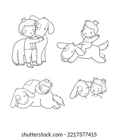 Cute cartoon boy and his dog. The little Prince. The kid is playing with the puppy.