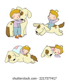 Cute cartoon boy and his dog. The little Prince. The kid is playing with the puppy.