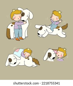 Cute cartoon boy and his dog. The little Prince. The kid is playing with the puppy.