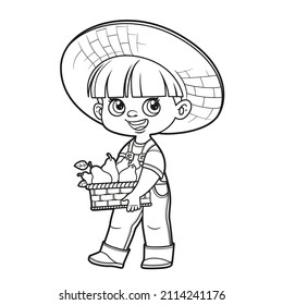 Cute cartoon boy holding a basket of pears outlined for coloring page on white background
