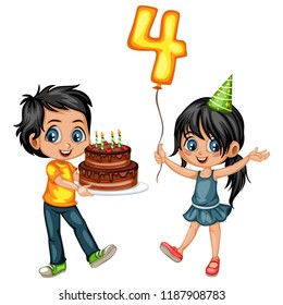 Cute Cartoon Boy Holding a Cake with Candles and Girl Holding Balloon with Number Four Celebrating Birthday. Happy Birthday Party Little Kids Vector Illustration Isolated on White Background