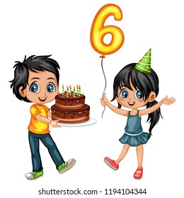 Cute Cartoon Boy Holding a Cake with Candles and Girl Holding Balloon with Number Six Celebrating Birthday. Happy Birthday Party Little Kids Vector Illustration Isolated on White Background