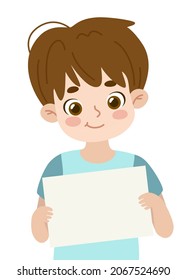 Niño de caricatura lindo con una pancarta vacía en las manos. Un chico joven muestra hojas de papel en blanco y sonriente. Niño adorable con papel blanco.