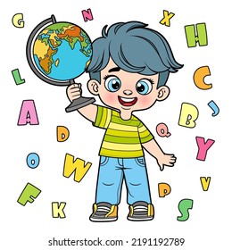 Cute cartoon boy holding the globe color variation for coloring page on a white background